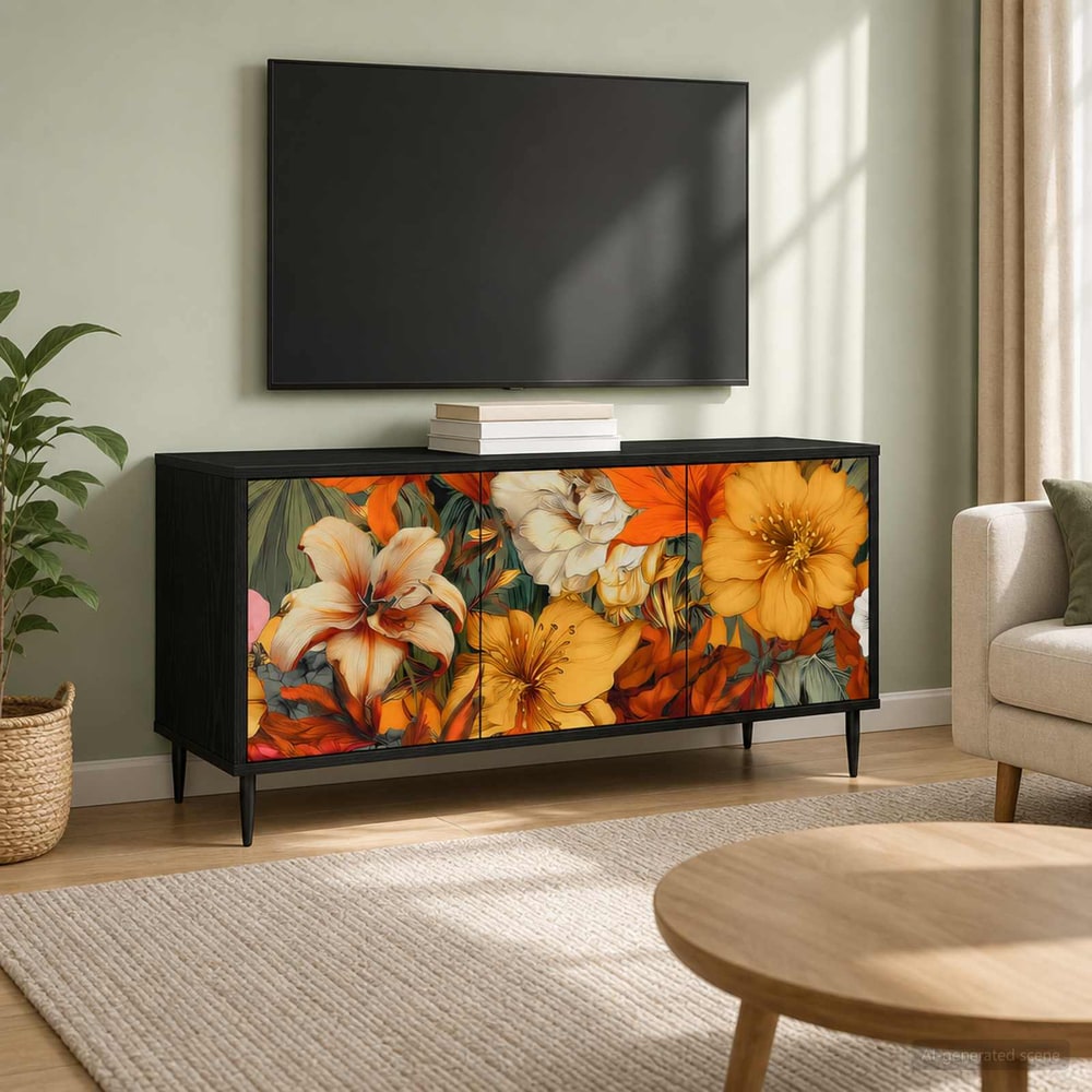 TV Cabinet BONN 102 x 33 x 51 cm Black Oak Engineered Wood Lily print