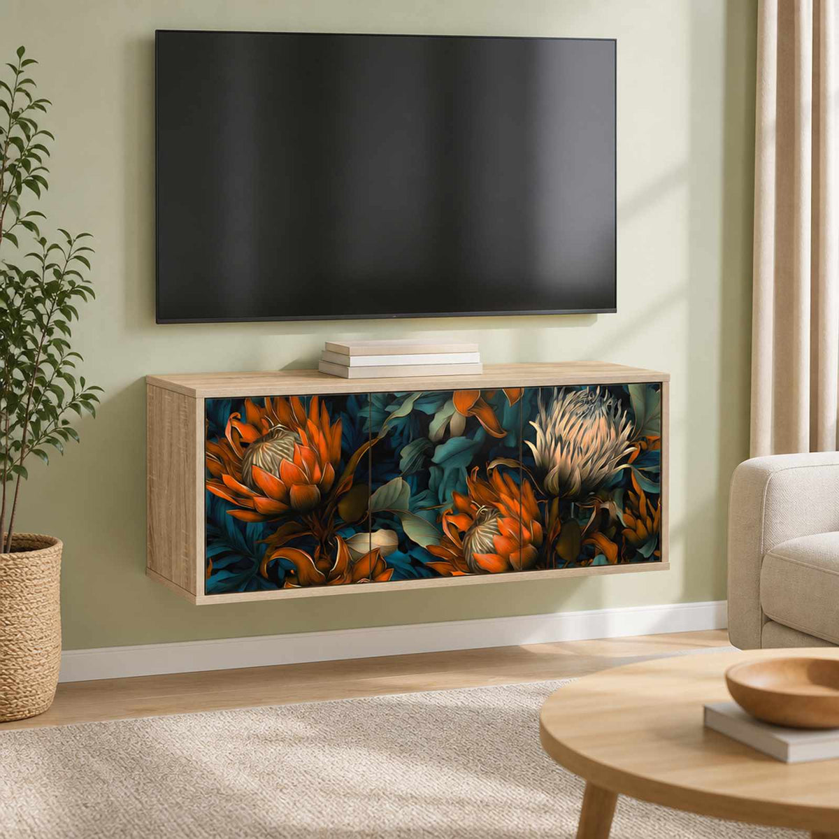 Wall-mounted TV Cabinet BONN 102 x 33 x 40 cm Sonoma oak Orange print
