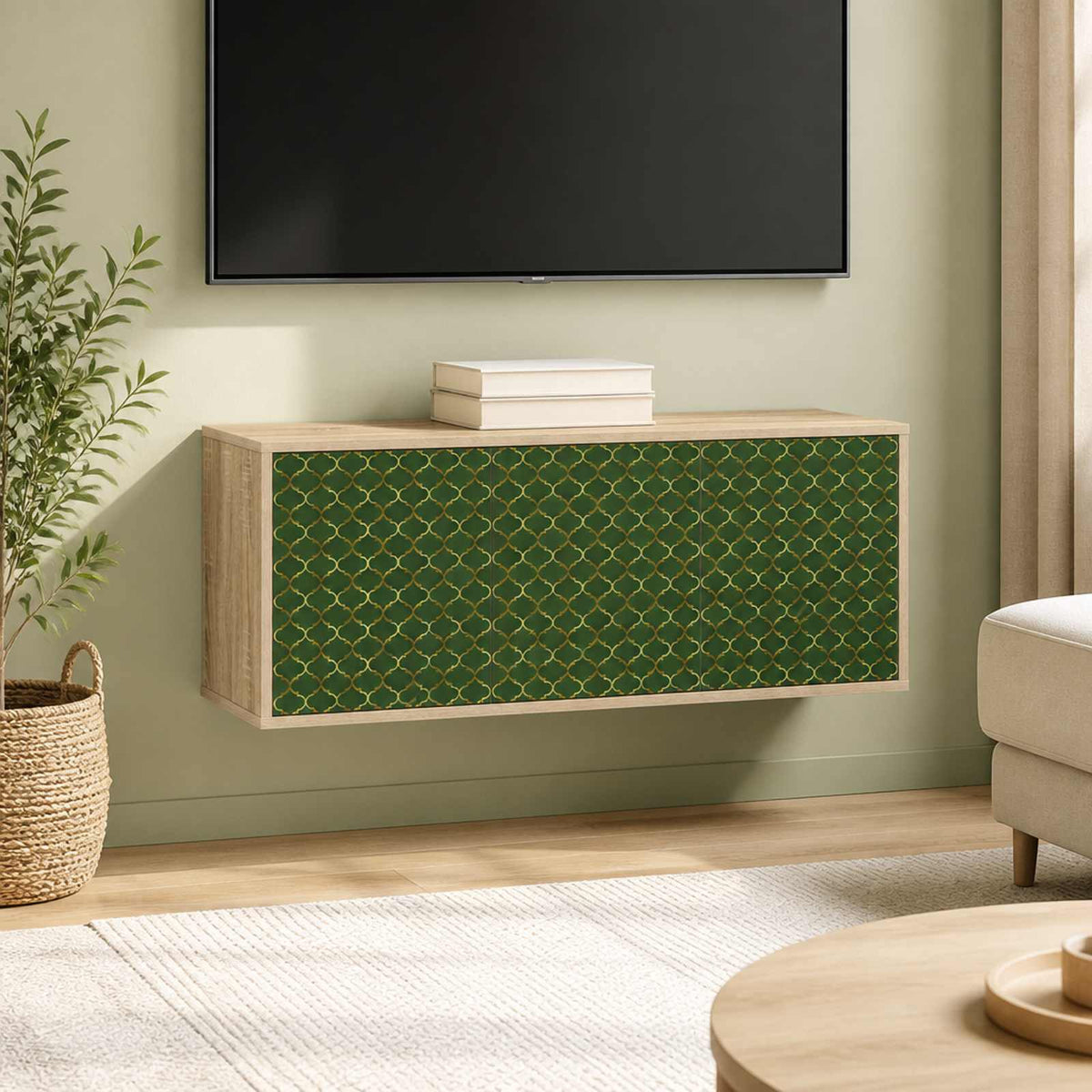 Wall-mounted TV Cabinet BONN 102 x 33 x 40 cm Sonoma oak Emerald geometric print