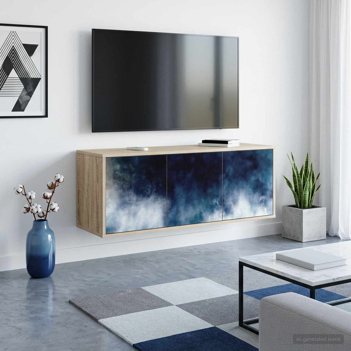 Wall-mounted TV Cabinet BONN 102 x 33 x 40 cm Sonoma oak Blue marble print