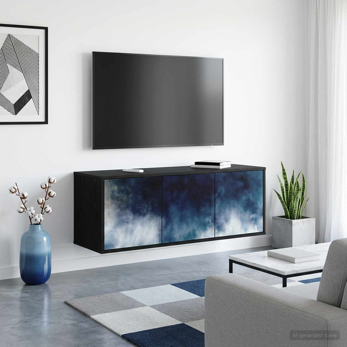 Wall-mounted TV Cabinet BONN 102 x 33 x 40 cm Black oak Blue marble print