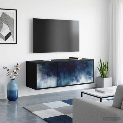 Wall-mounted TV Cabinet BONN 102 x 33 x 40 cm Black oak Blue marble print