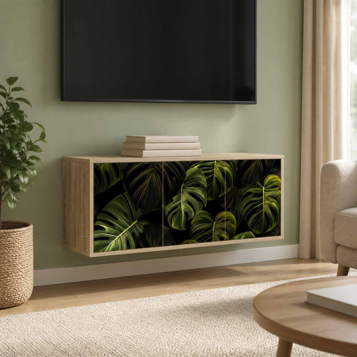 Wall-mounted TV Cabinet BONN 102 x 33 x 40 cm Sonoma oak Palm leave print