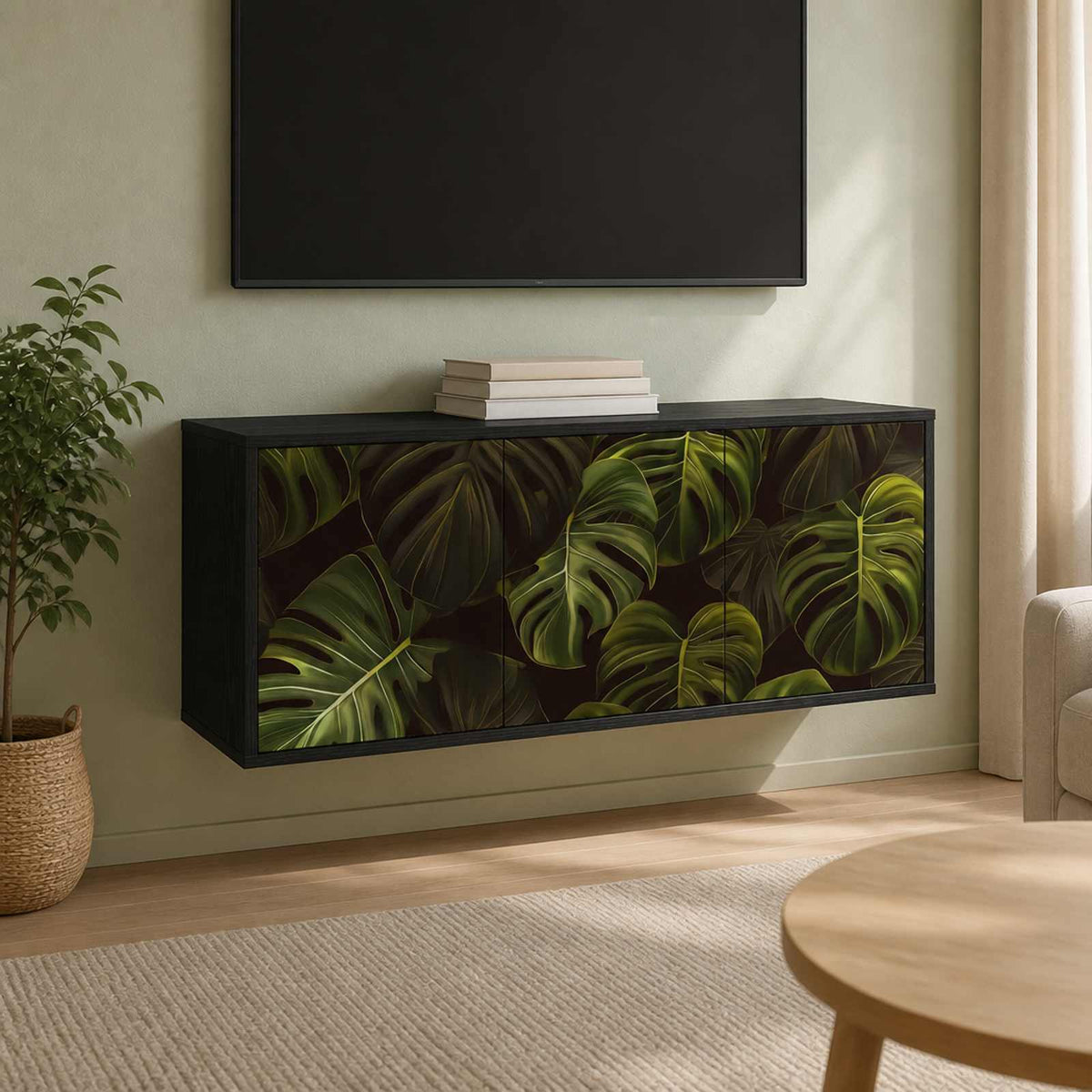 Wall-mounted TV Cabinet BONN 102 x 33 x 40 cm Black oak Palm leave print