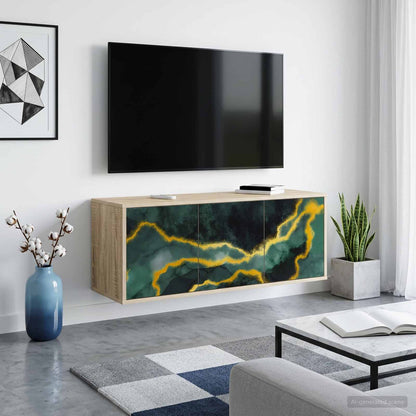 Wall-mounted TV Cabinet BONN 102 x 33 x 40 cm Sonoma oak Teal marble print