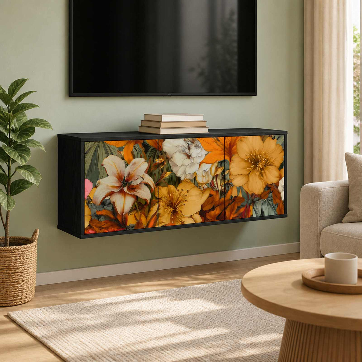 Wall-mounted TV Cabinet BONN 102 x 33 x 40 cm Black oak Lily print