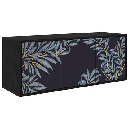 Wall-mounted TV Cabinet BONN 102 x 33 x 40 cm Black oak Blue fern print