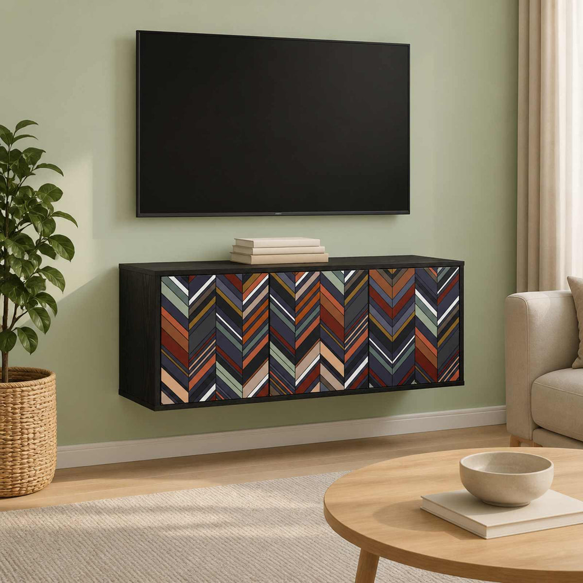 Wall-mounted TV Cabinet BONN 102 x 33 x 40 cm Black oak Geometric print