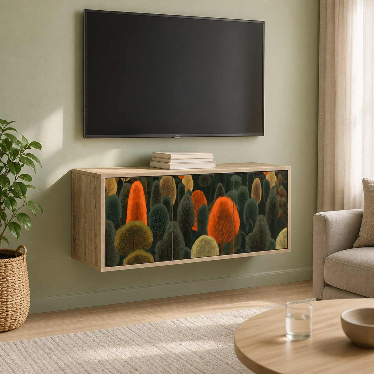 Wall-mounted TV Cabinet BONN 102 x 33 x 40 cm Sonoma oak Forest print