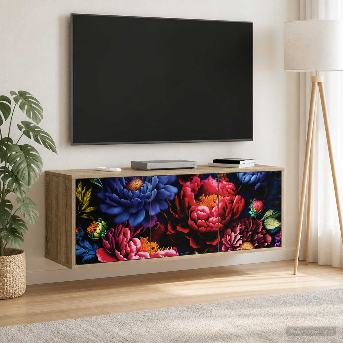 Wall-mounted TV Cabinet BONN 102 x 33 x 40 cm Sonoma oak Dark peony print