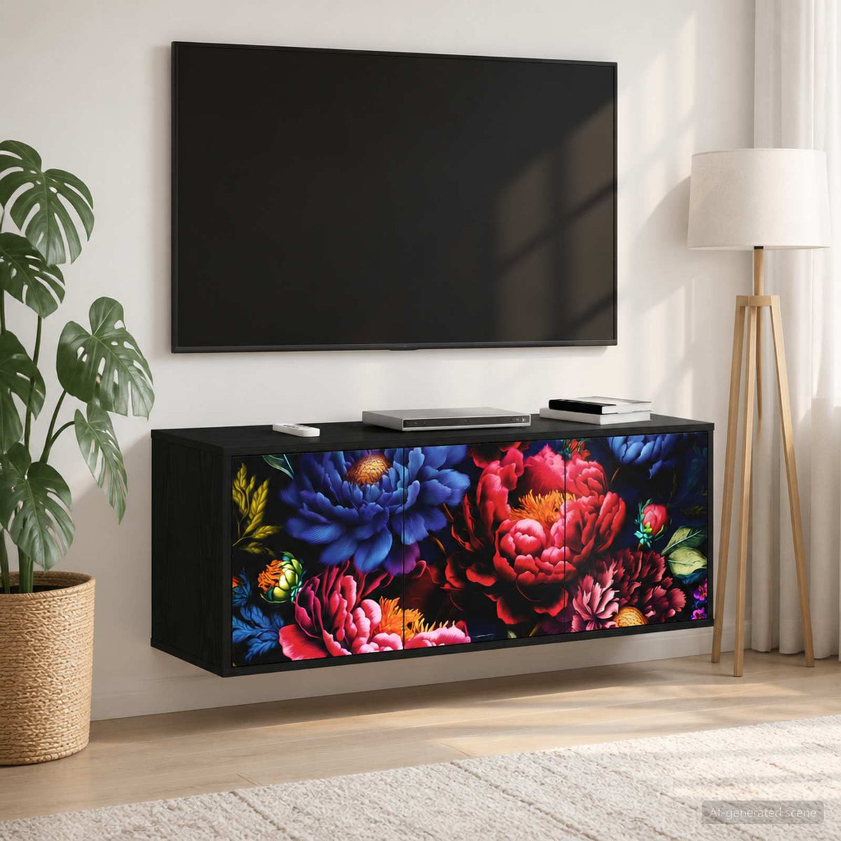 Wall-mounted TV Cabinet BONN 102 x 33 x 40 cm Black oak Dark peony print