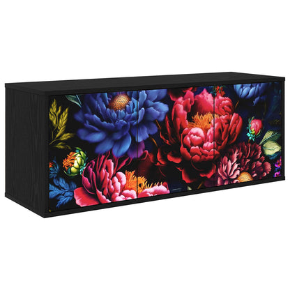 Wall-mounted TV Cabinet BONN 102 x 33 x 40 cm Black oak Dark peony print