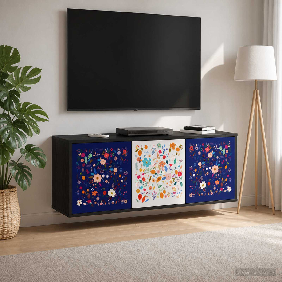 Wall-mounted TV Cabinet BONN 102 x 33 x 40 cm Black oak Floral print