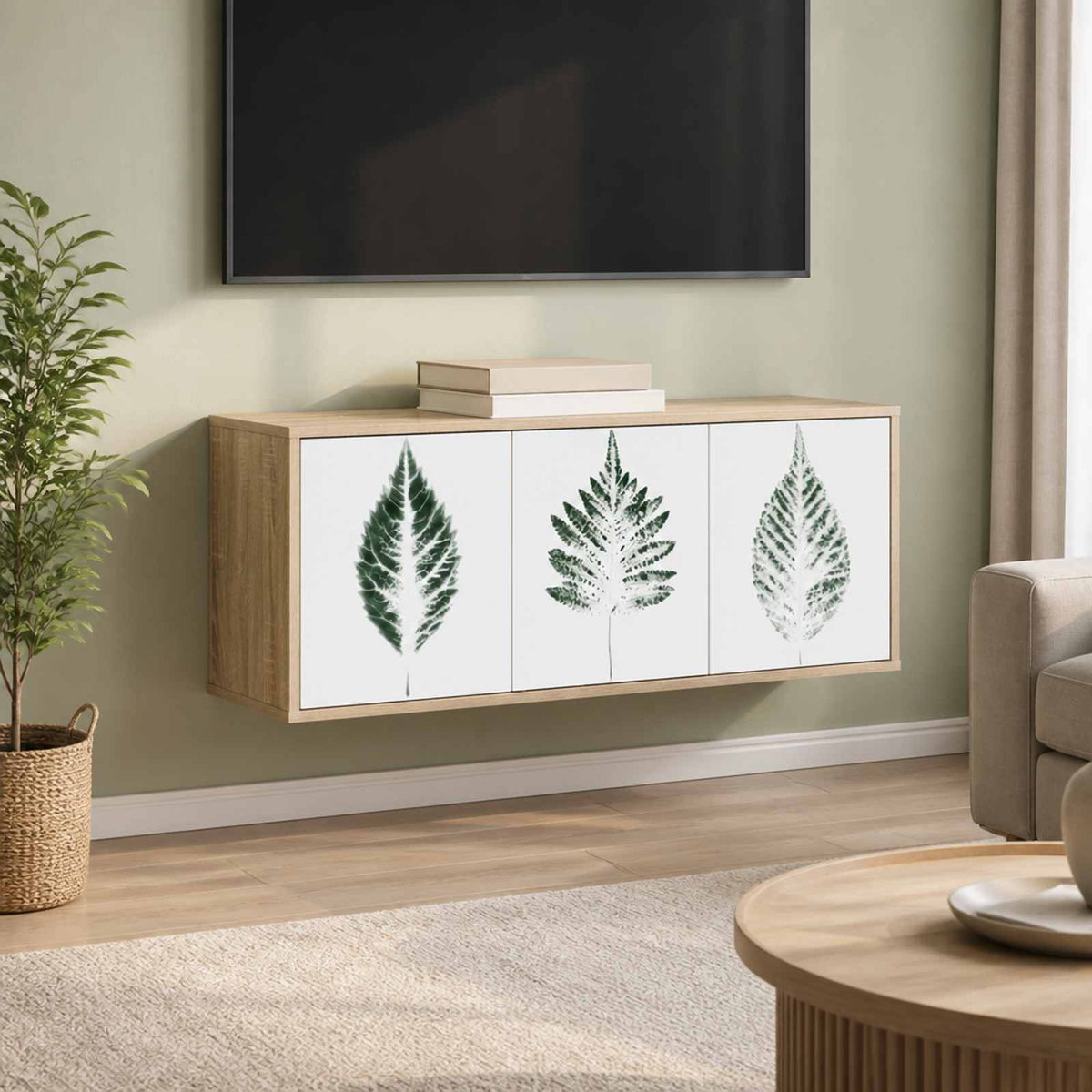 Wall-mounted TV Cabinet BONN 102 x 33 x 40 cm Sonoma oak Green leave print