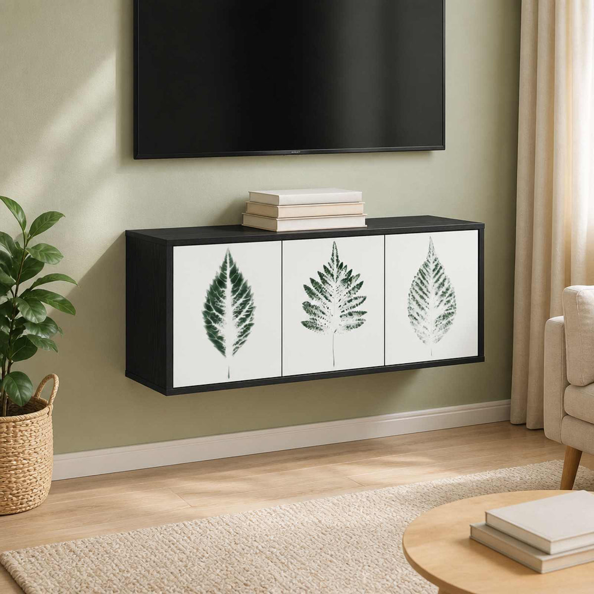 Wall-mounted TV Cabinet BONN 102 x 33 x 40 cm Black oak Green leave print