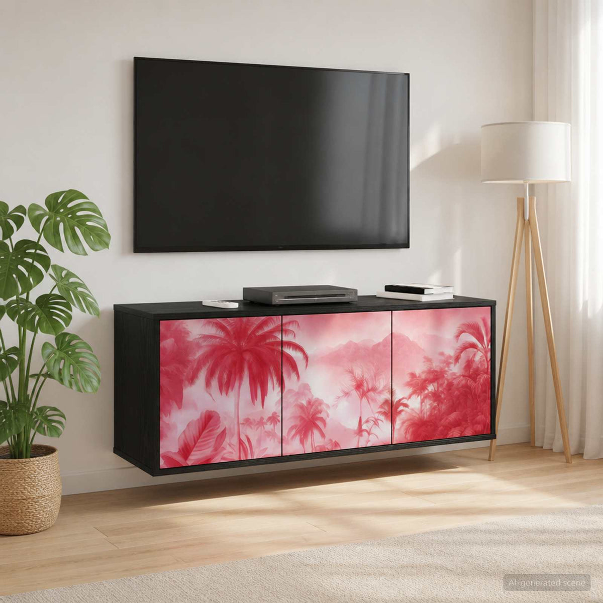 Wall-mounted TV Cabinet BONN 102 x 33 x 40 cm Black oak Pink palm tree print