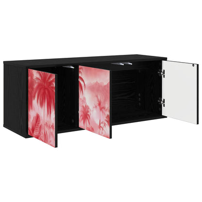 Wall-mounted TV Cabinet BONN 102 x 33 x 40 cm Black oak Pink palm tree print