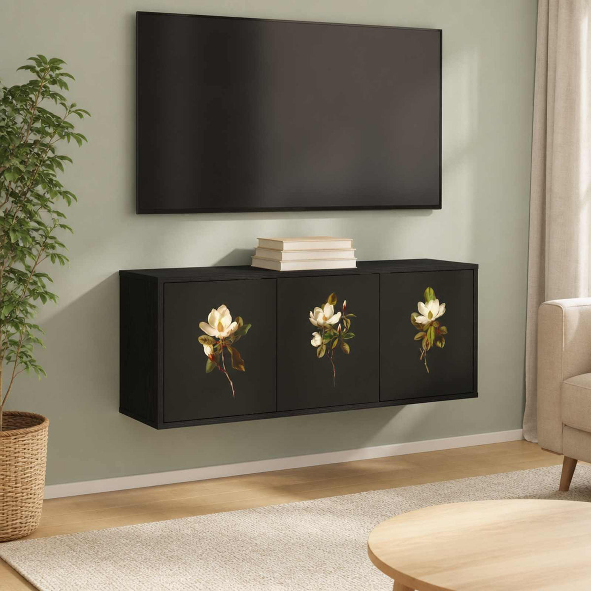 Wall-mounted TV Cabinet BONN 102 x 33 x 40 cm Black oak Magnolia print