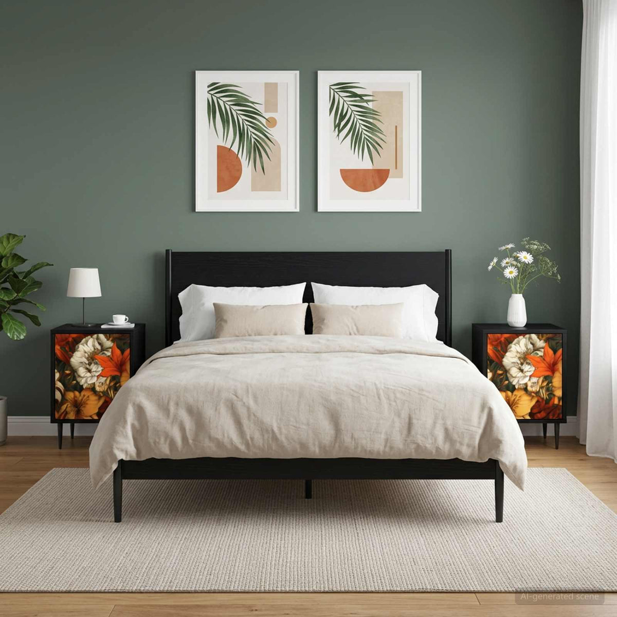 Bedside Cabinet BONN Black Oak 36 x 33 x 51 cm 2 Lily print