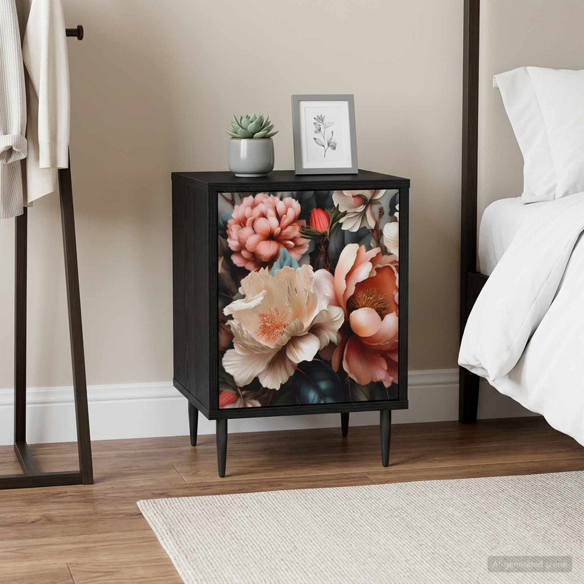 Bedside Cabinet BONN Black Oak 36 x 33 x 51 cm 2 Light peony print
