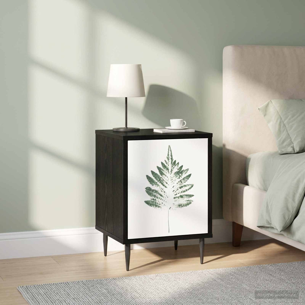 Bedside Cabinet BONN Black Oak 36 x 33 x 51 cm 2 Green leave print