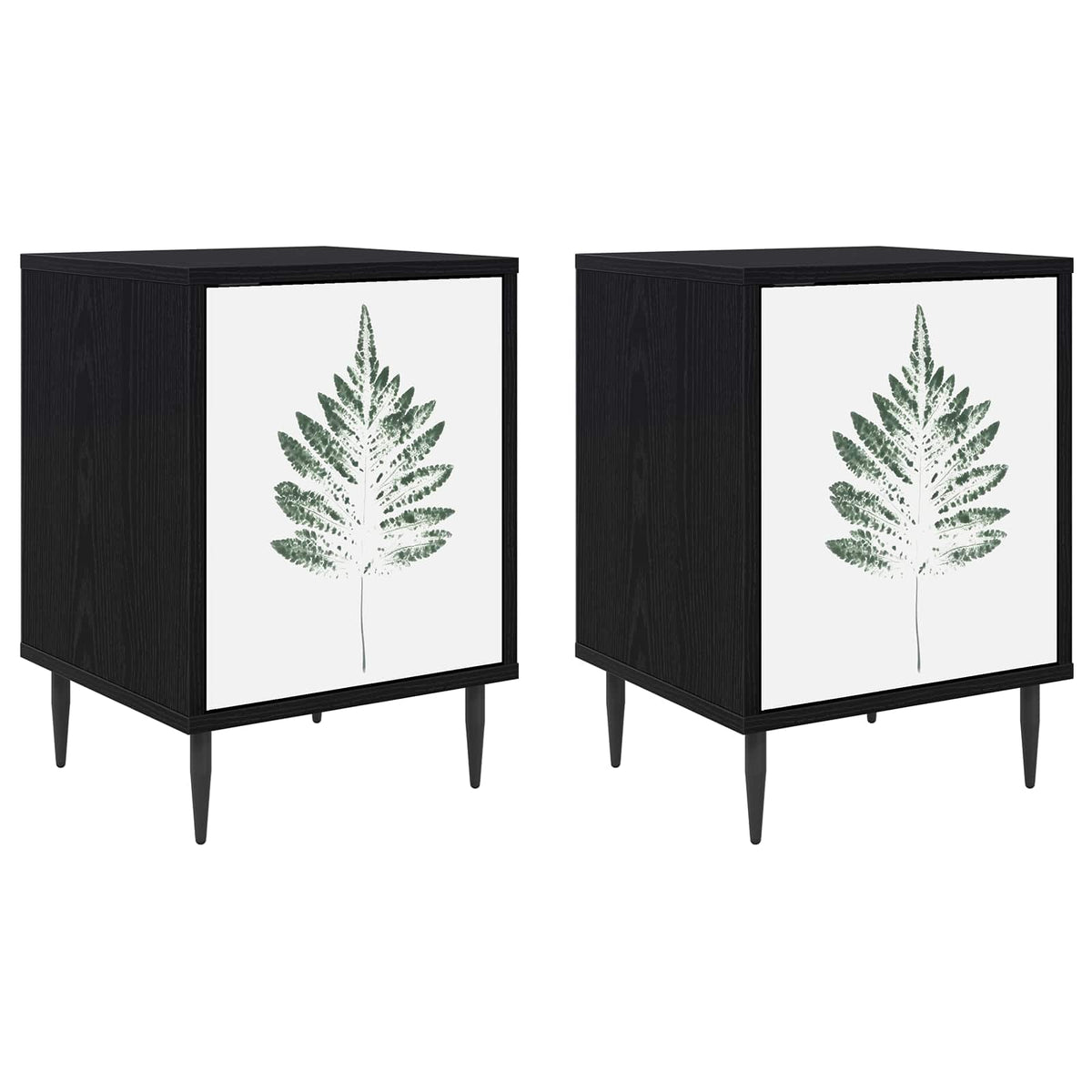 Bedside Cabinet BONN Black Oak 36 x 33 x 51 cm 2 Green leave print