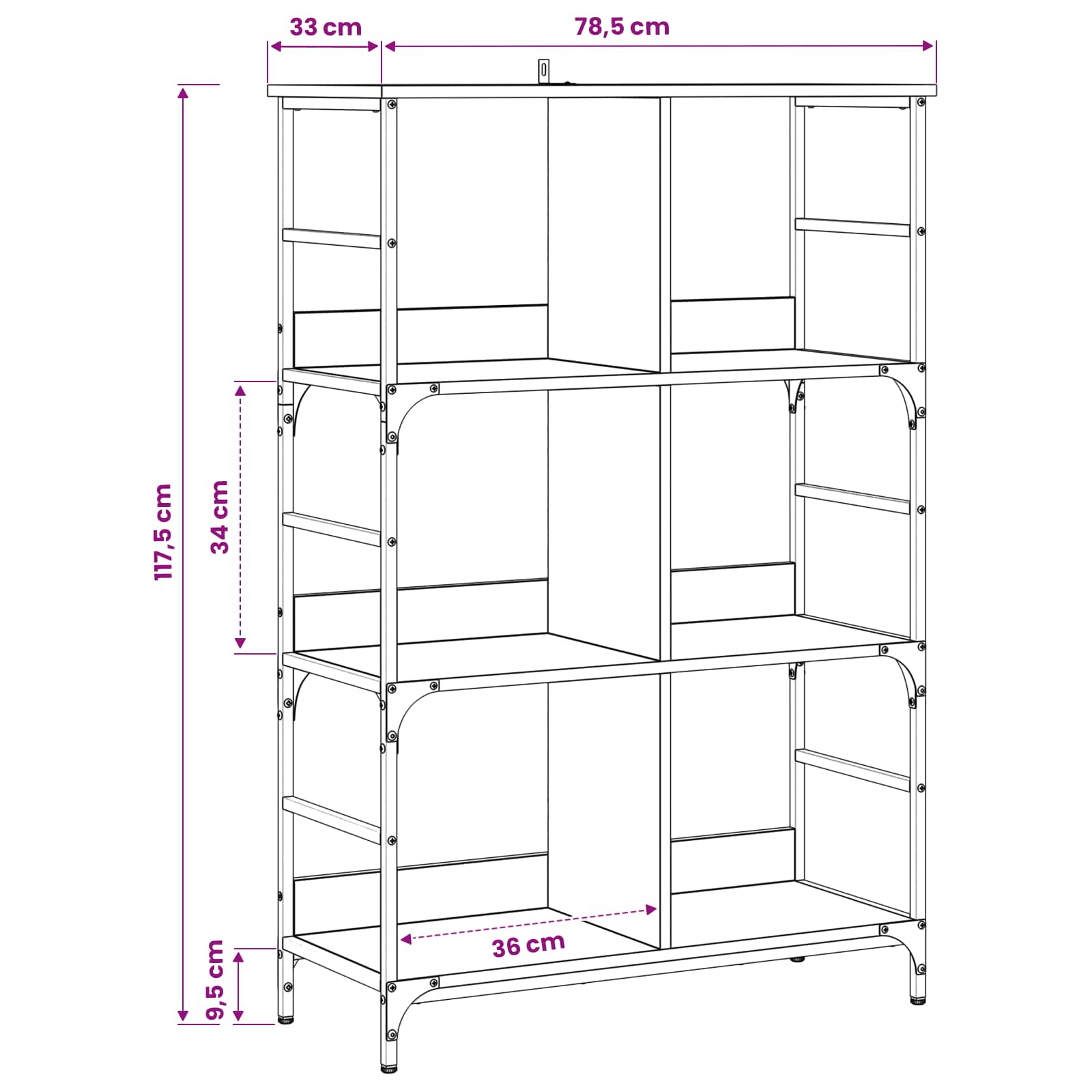 vidaXL Bookshelf 4-Tier 78.5 x 33 x 117.5 cm metal PB Old wood 6