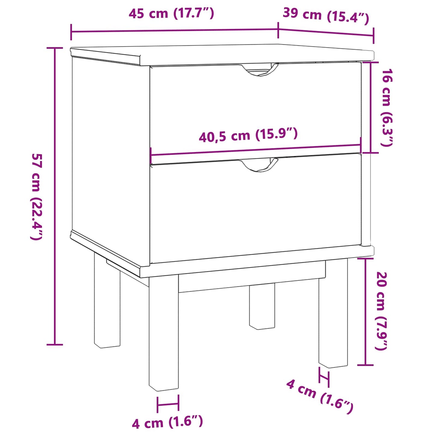 vidaXL Bedside Table OTTA Black 45 x 39 x 57 cm Solid Pine Wood 6