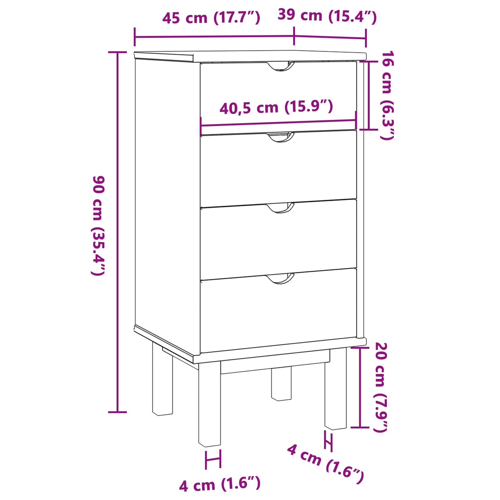 vidaXL Chest of Drawers OTTA Black 45 x 39 x 90 cm Solid Pine Wood 6