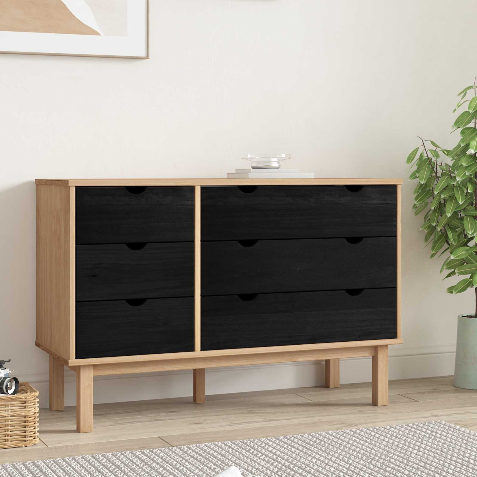 vidaXL Drawer Cabinet OTTA Black 111 x 43 x 73.5 cm Solid Pine Wood 3