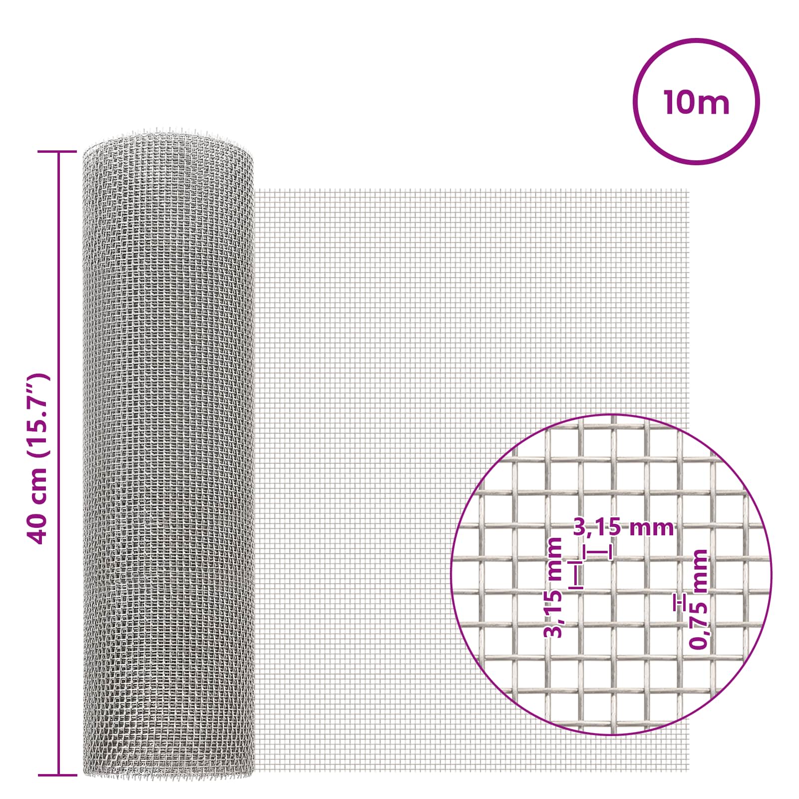 vidaXL Mesh Screen 40 x 1000 cm 6 Mesh Stainless Steel 201 Silver 6
