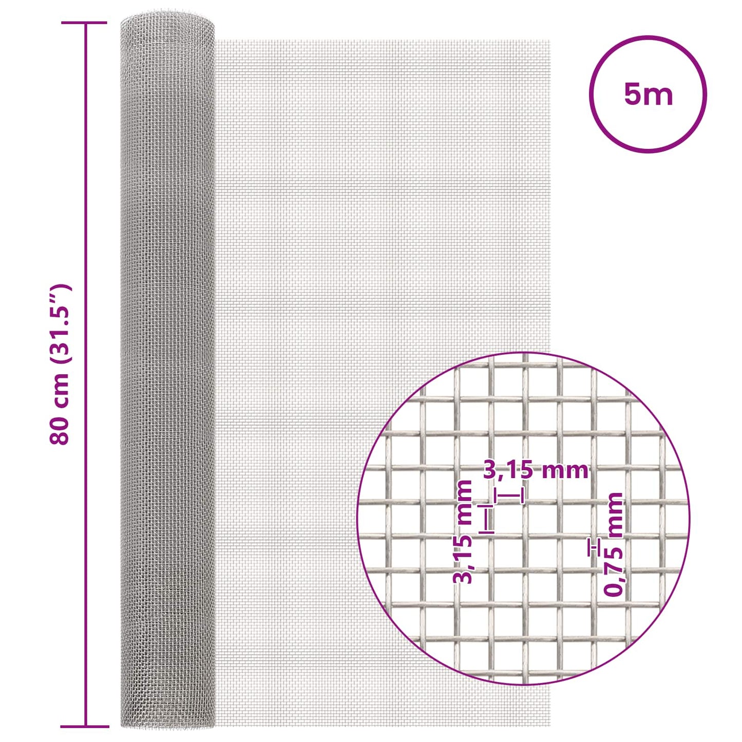 vidaXL Mesh Screen 80 x 500 cm 6 Mesh Stainless Steel 201 Silver 6