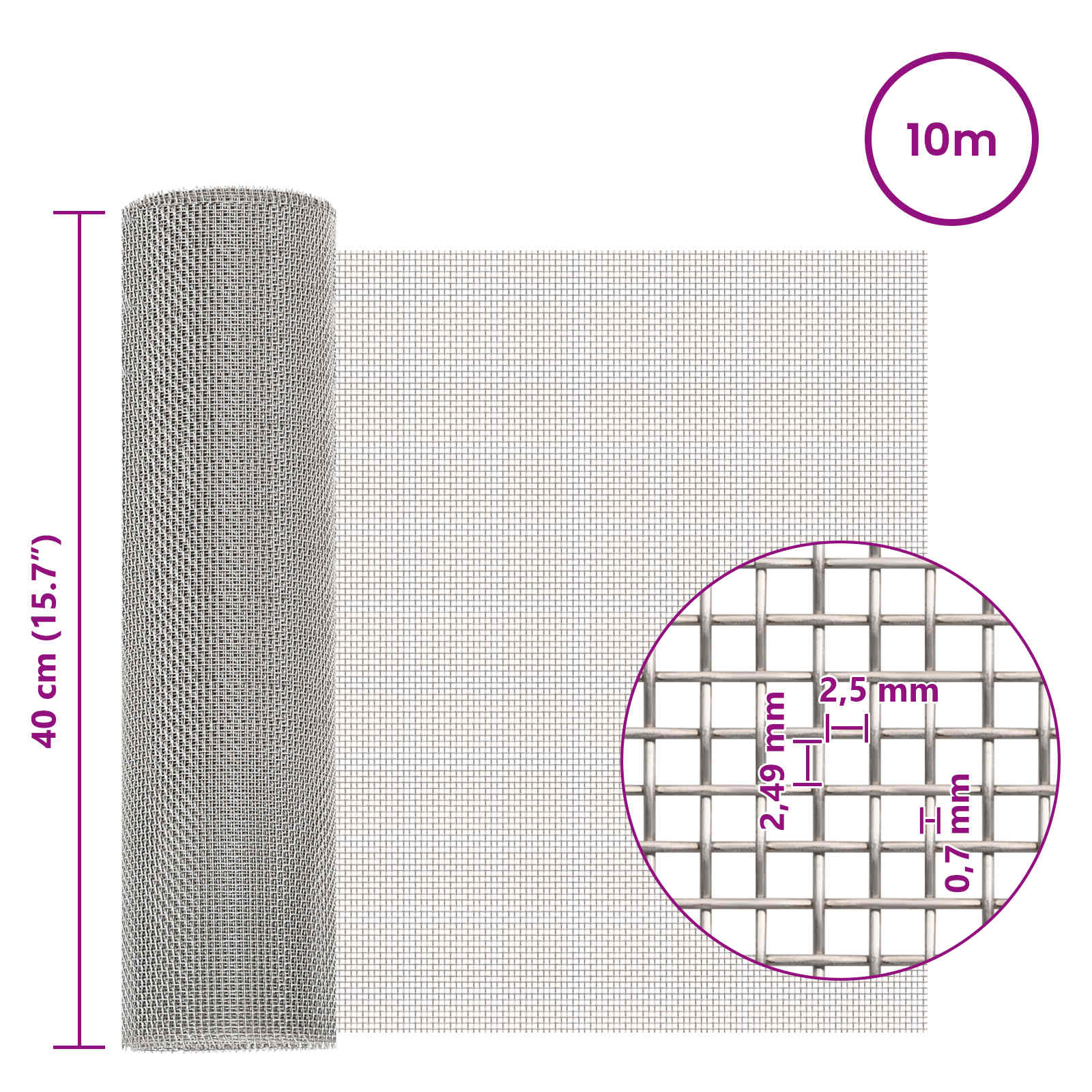 vidaXL Mesh Screen 40 x 1000 cm 8 Mesh Stainless Steel 201 Silver 6
