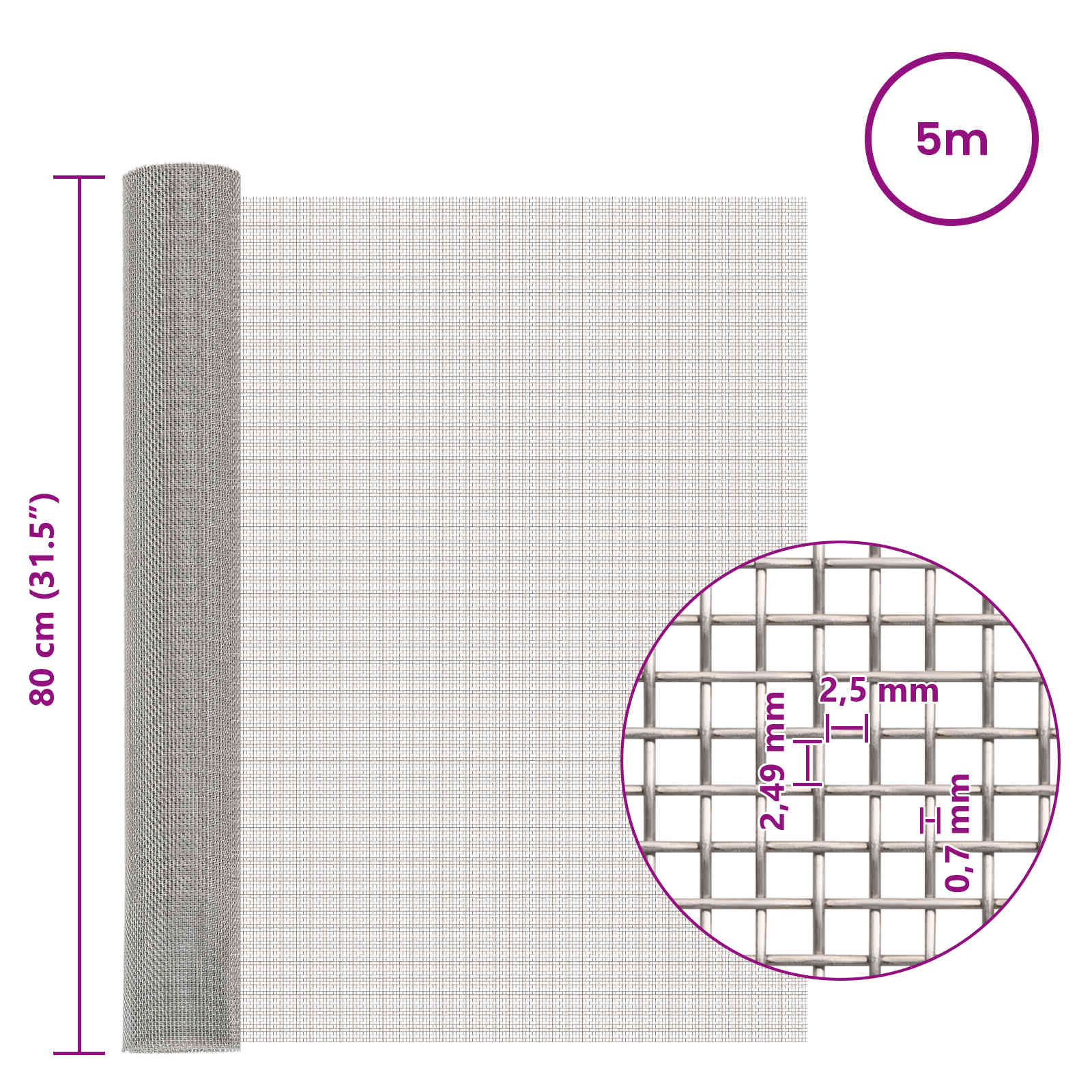 vidaXL Mesh Screen 80 x 500 cm 8 Mesh Stainless Steel 201 Silver 6