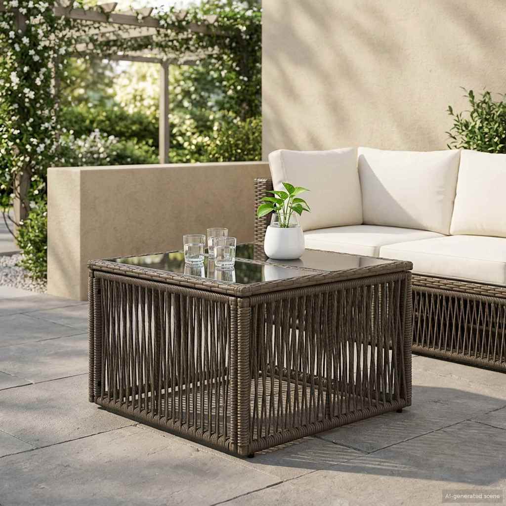 Garden Table 55 x 55 x 37 cm PE Rattan and Glass Grey Glass and twist rattan