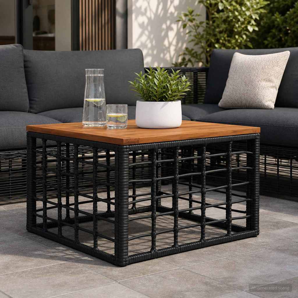 Garden Table 55 x 55 x 37 cm PE Rattan and Glass Black Wood and round thick rattan