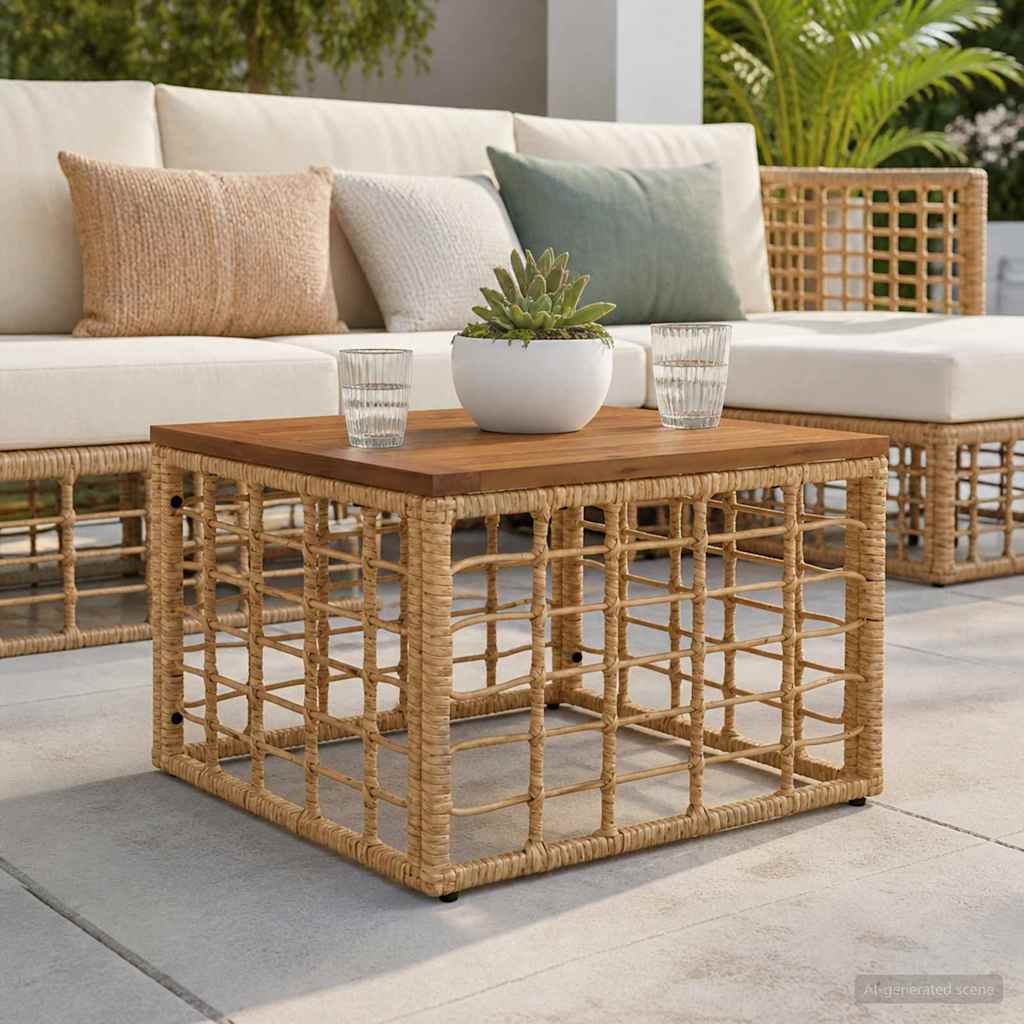 Garden Table 55 x 55 x 37 cm PE Rattan and Glass Natural Wood and round thick rattan