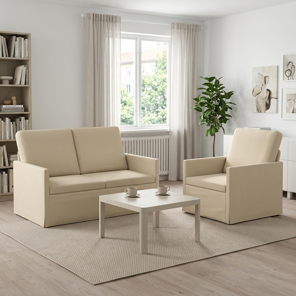 Sofa Set 2 pcs Fabric 1-Seater + 2-Seater (120 cm) Cream