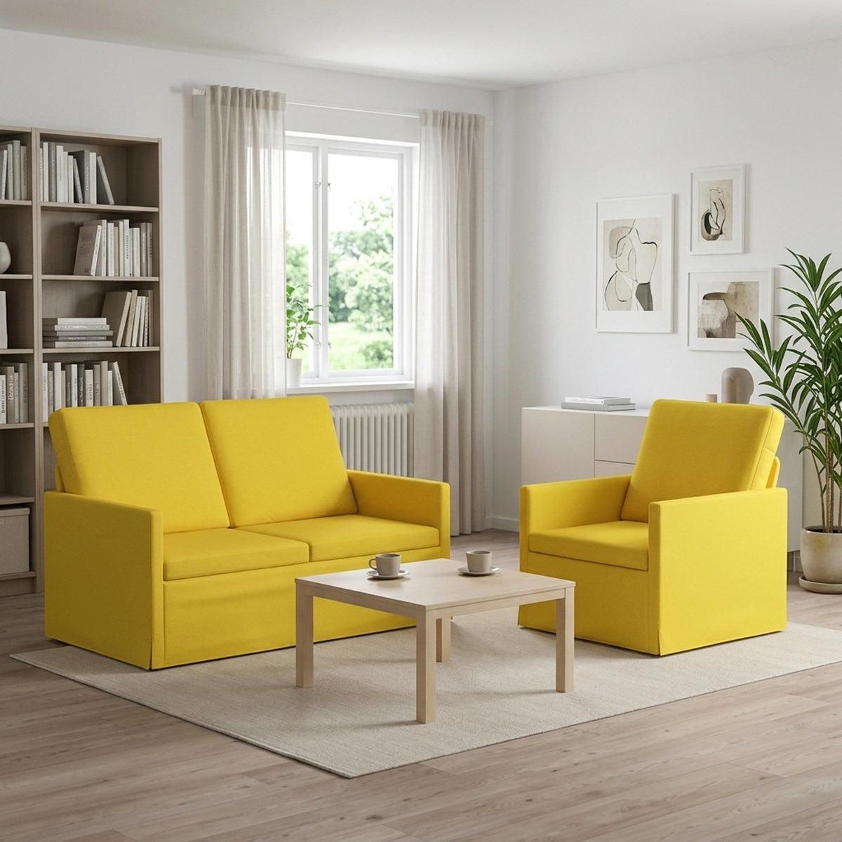 Sofa Set 2 pcs Fabric 1-Seater + 2-Seater (120 cm) Light yellow