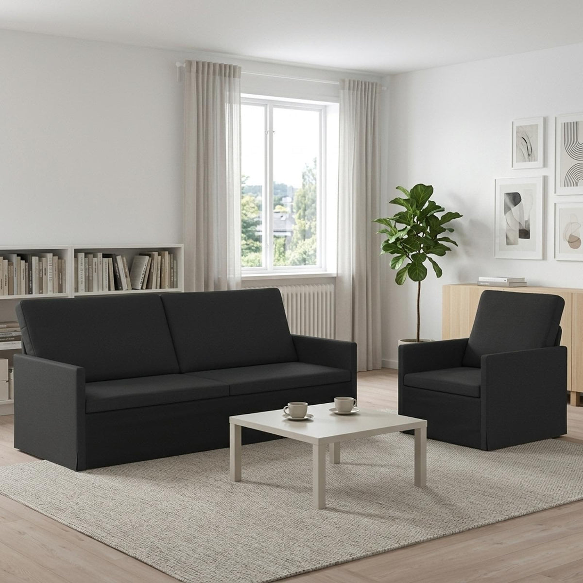 Sofa Set 2 pcs Fabric 1-Seater + 3-Seater (180 cm) Black