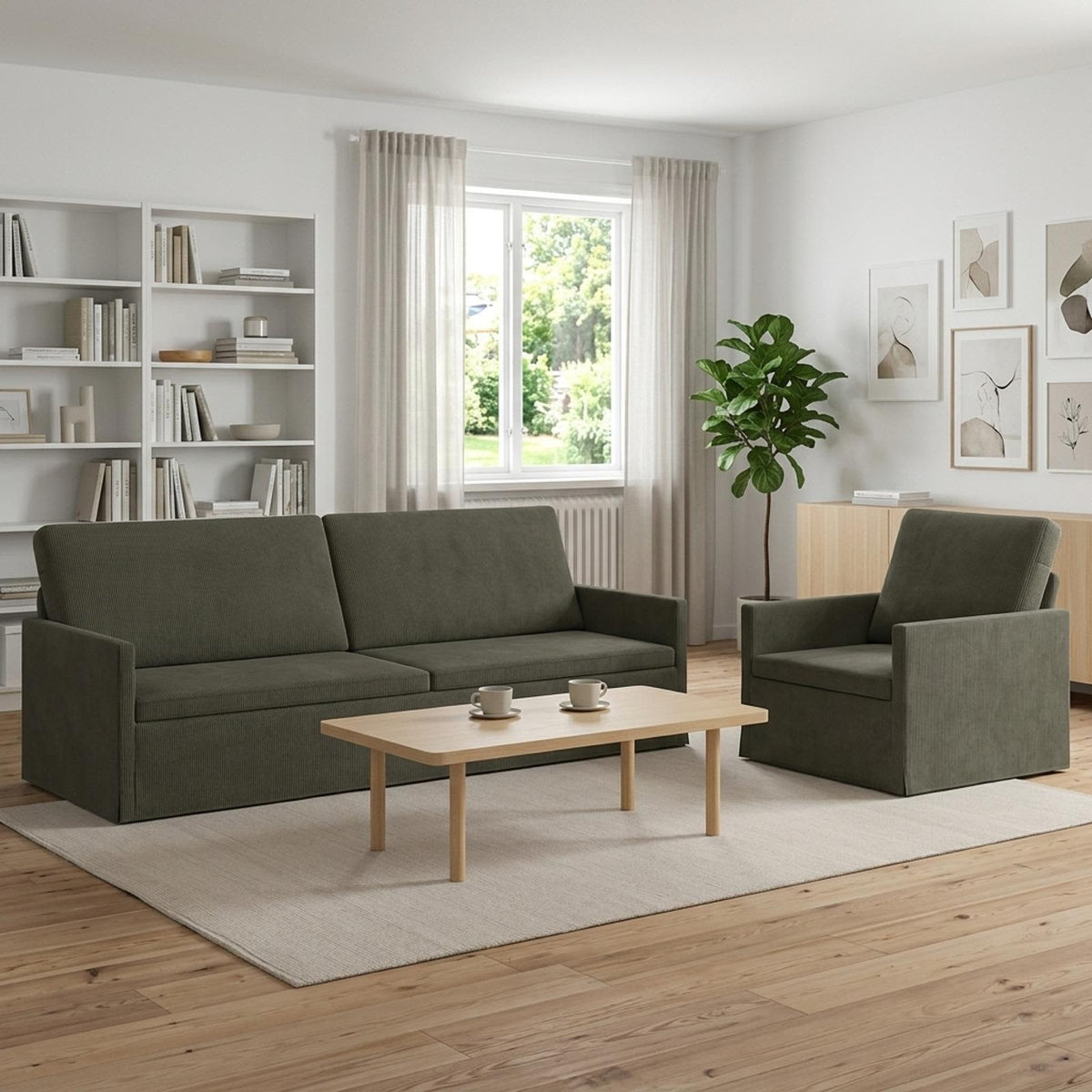 Sofa Set 2 pcs Corduroy Fabric 1-Seater + 3-Seater (210 cm) Light grey