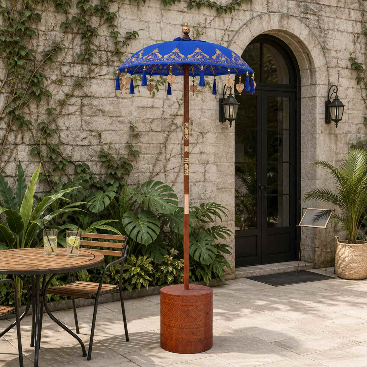 Balinese Parasol with Base Blue 95 x 95 x 260 cm with brown base