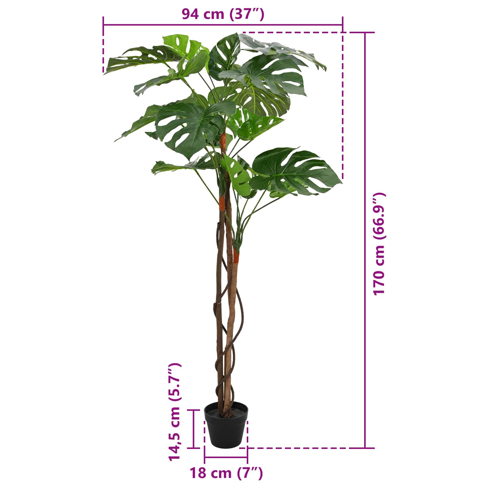 vidaXL Artificial Monstera Plant Green 94 x 18 x 170 cm 6