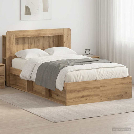Bed Frame with Storage 120 x 190 cm Engineered Wood with Centre Shelf Artisan oak
