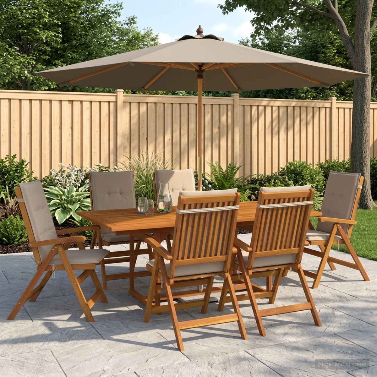 7-Piece Garden Dining Set Natural Solid Acacia Wood 6-Seater Cream white