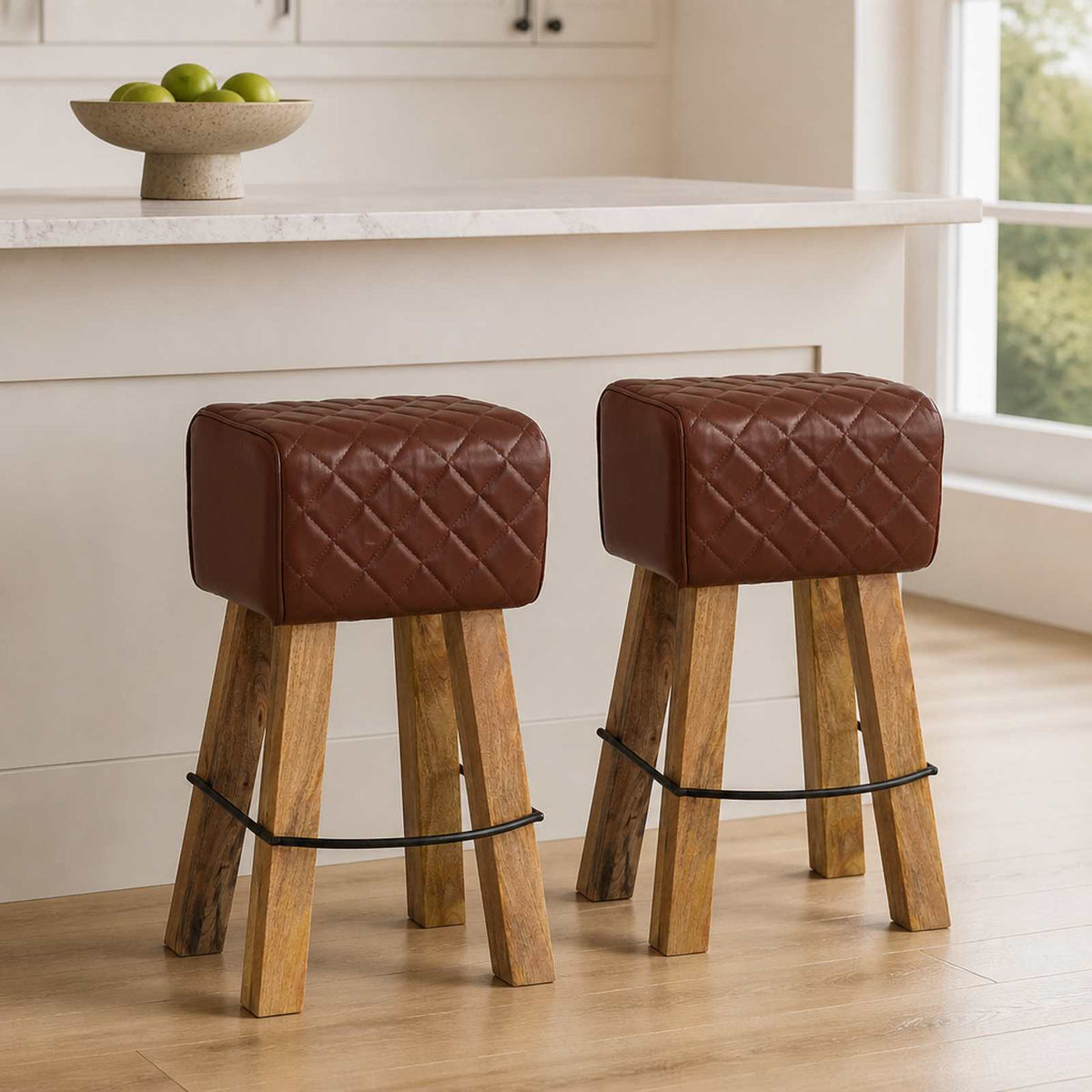 Bar Stool 2 pcs 44 x 33 x 74 cm Real Leather Brown diamond