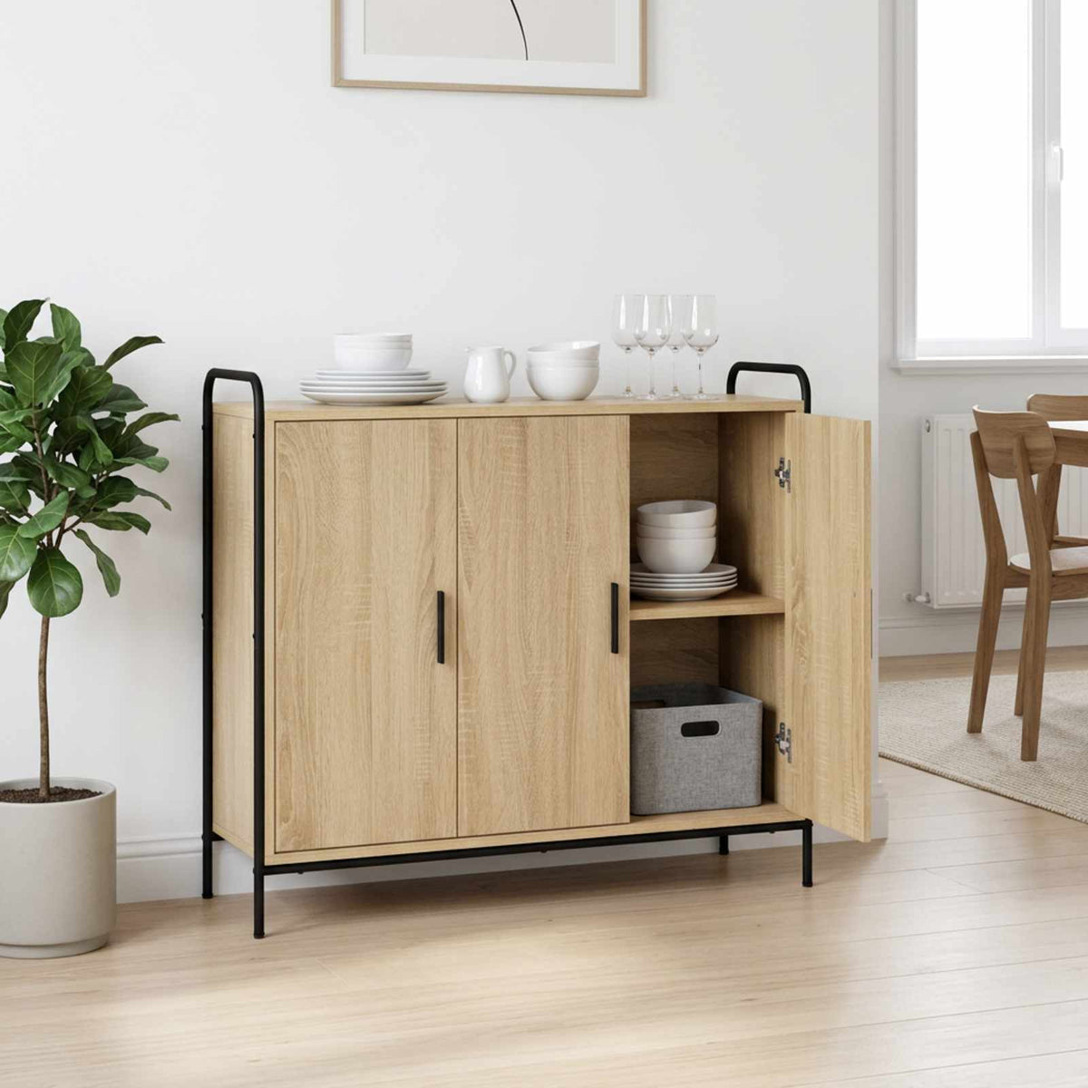 Sideboard 98.5 x 33 x 81 cm Engineered Wood Sonoma oak with 3 doors