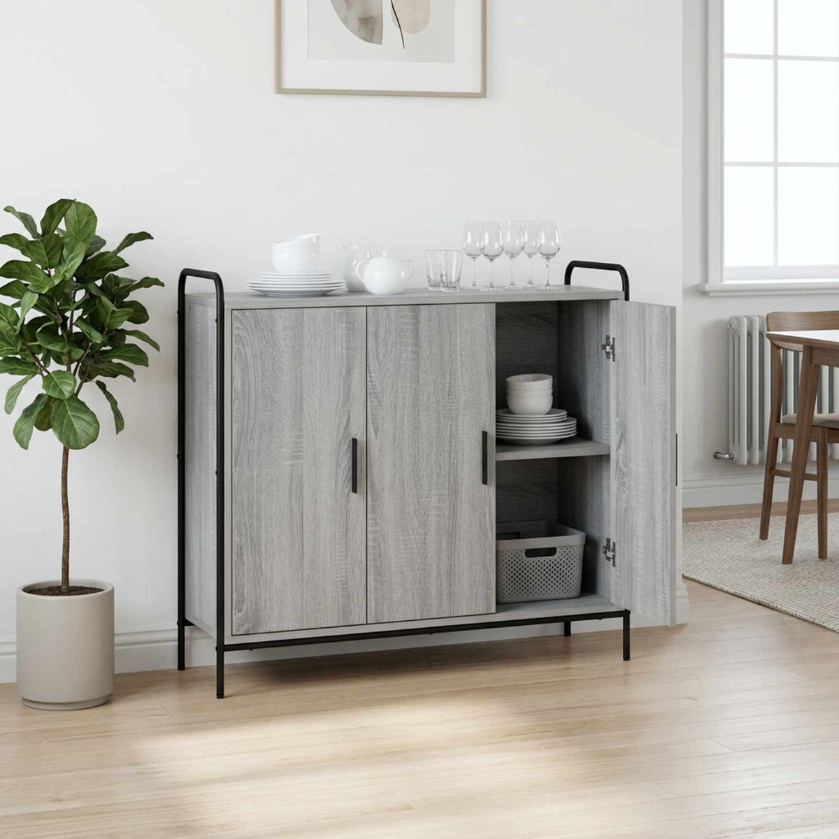 Sideboard 98.5 x 33 x 81 cm Engineered Wood Grey sonoma with 3 doors