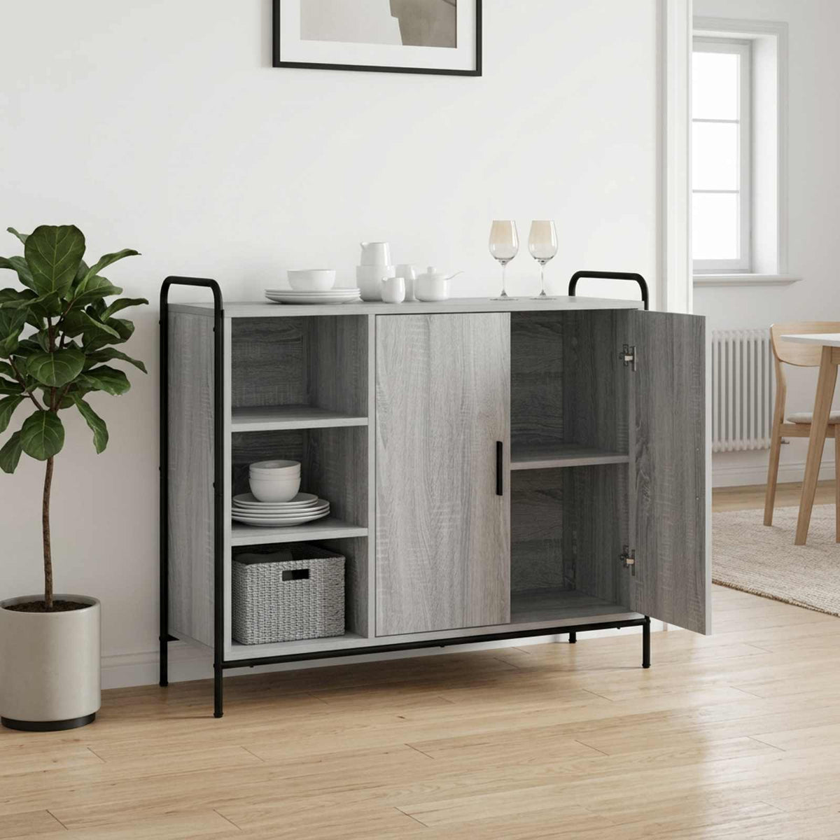 Sideboard 98.5 x 33 x 81 cm Engineered Wood Grey sonoma with 2 shelves & 2 door