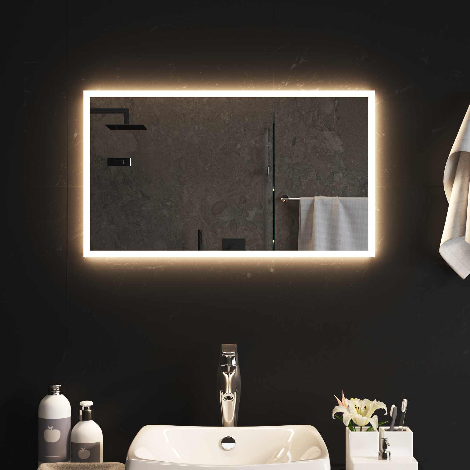 vidaXL LED Bathroom Mirror Transparent 70 x 40 cm Tempered Glass 3